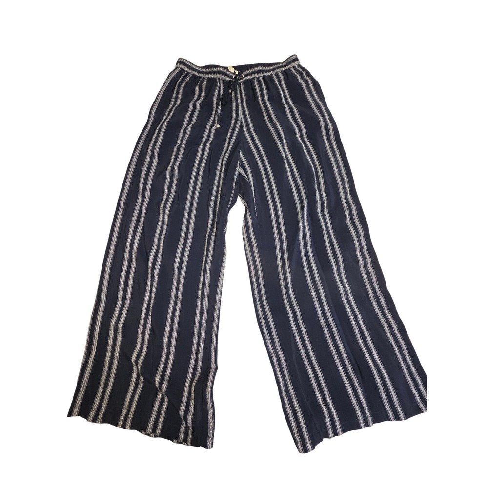Max Studio Womens Navy White Striped Wide Leg Drawstring Pants Large 8702503